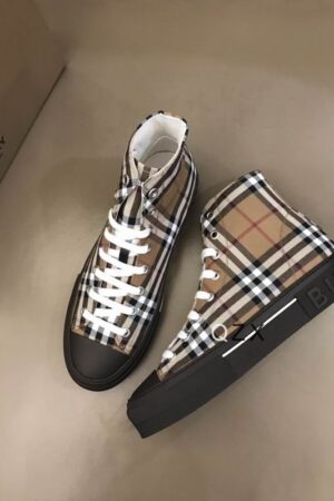 Burberry Tan and Black High-Top Sneaker with Striped Accents