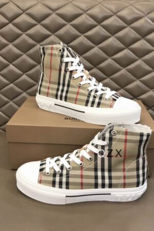 Burberry Tan and Black High-Top Sneaker with Striped Accents
