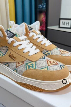 Dior High-Top Sneaker in Tan/Beige, Multi-Color Geometric Pattern