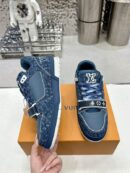 LV Trainer Low-Top Sneakers in White & Light Blue Leather