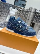LV Trainer Low-Top Sneakers in White & Light Blue Leather