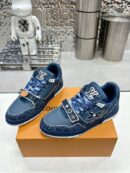 LV Trainer Low-Top Sneakers in White & Light Blue Leather