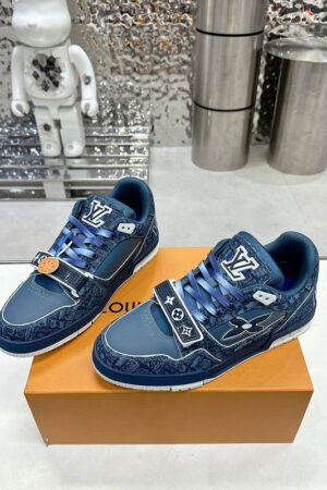 LV Trainer Low-Top Sneakers in White & Light Blue Leather