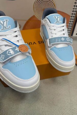 Louis Vuitton Unisex White Blue Trainers with Monogram Strap