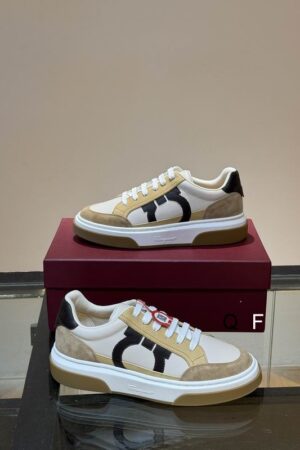 Salvatore Ferragamo Men's Beige Cream Leather Suede Sneakers