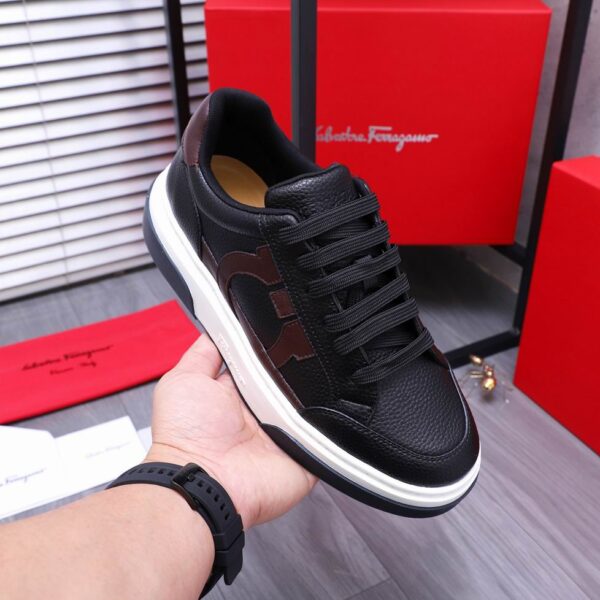 Salvatore Ferragamo Men's Black Brown Gancini Leather Sneakers - Image 4