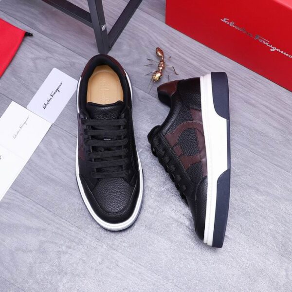 Salvatore Ferragamo Men's Black Brown Gancini Leather Sneakers - Image 5