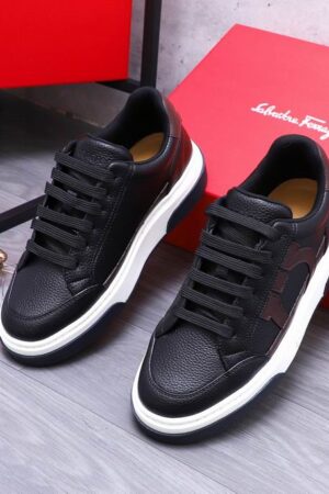Salvatore Ferragamo Men's Black Brown Gancini Leather Sneakers