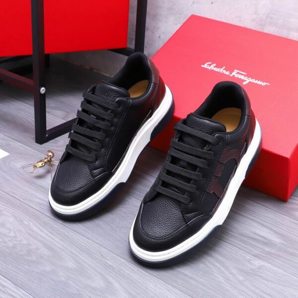 Salvatore Ferragamo Men's Black Brown Gancini Leather Sneakers