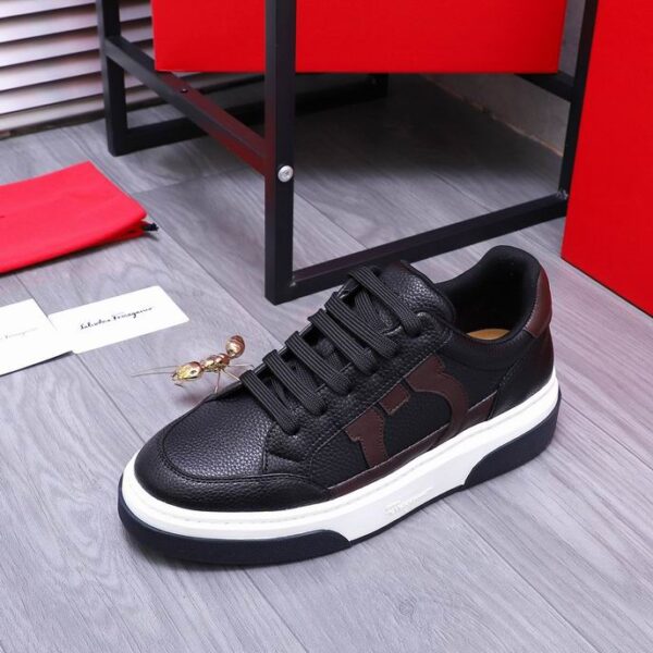 Salvatore Ferragamo Men's Black Brown Gancini Leather Sneakers - Image 3