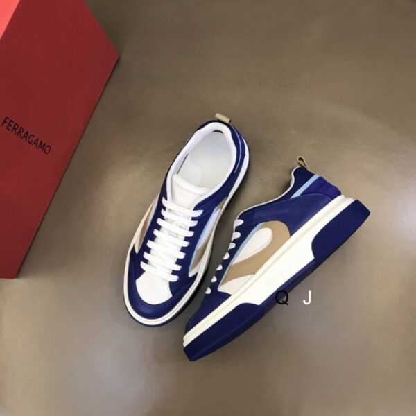 Salvatore Ferragamo Men's Blue White Leather Sneakers - Image 6