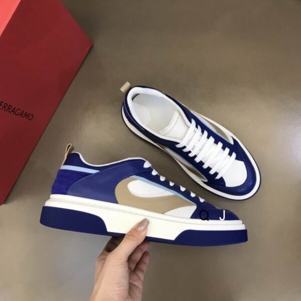 Salvatore Ferragamo Men's Blue White Leather Sneakers - Image 5