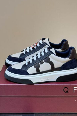 Salvatore Ferragamo Men's Cream Navy Suede Leather Sneakers