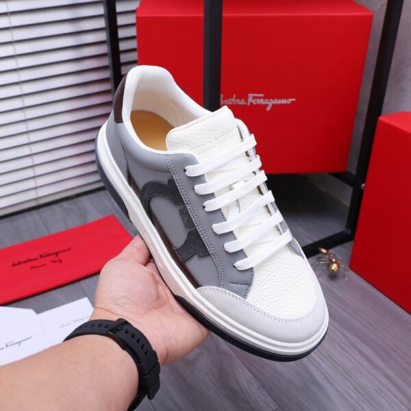 Salvatore Ferragamo Men's Grey White Gancini Leather Sneakers - Image 3