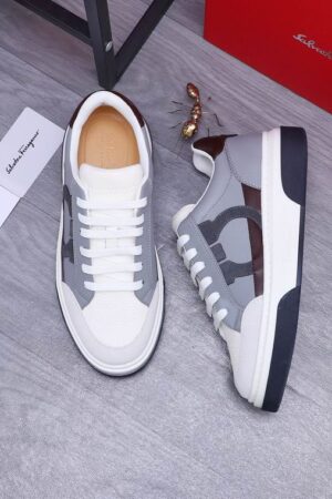 Salvatore Ferragamo Men's Grey White Gancini Leather Sneakers