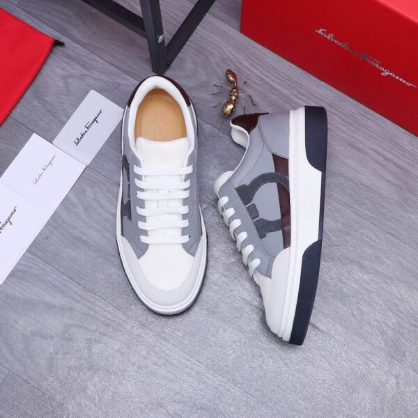 Salvatore Ferragamo Men's Grey White Gancini Leather Sneakers