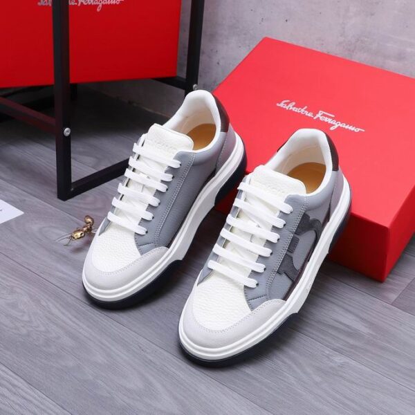 Salvatore Ferragamo Men's Grey White Gancini Leather Sneakers - Image 2