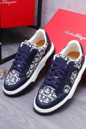 Salvatore Ferragamo Men's Navy Blue Gancini Print Sneakers