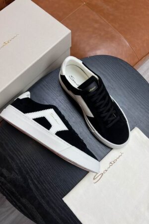 Santoni Men's Black Leather Accent Low-Top Sneakers