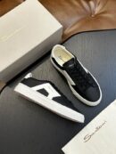 Santoni Men's Black Leather White Stripe Sneakers