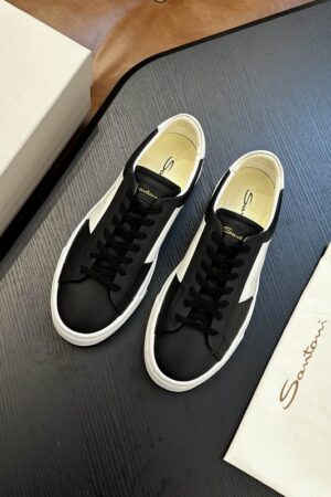 Santoni Men's Black Leather White Stripe Sneakers