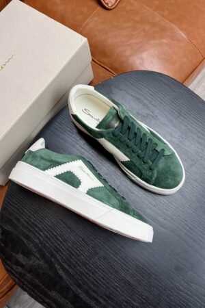 Santoni Men's Green Leather Accent Low-Top Sneakers