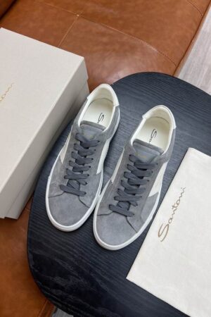Santoni Men's Grey Leather Accent Low-Top Sneakers