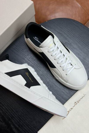 Santoni Men's White Leather Black Stripe Sneakers