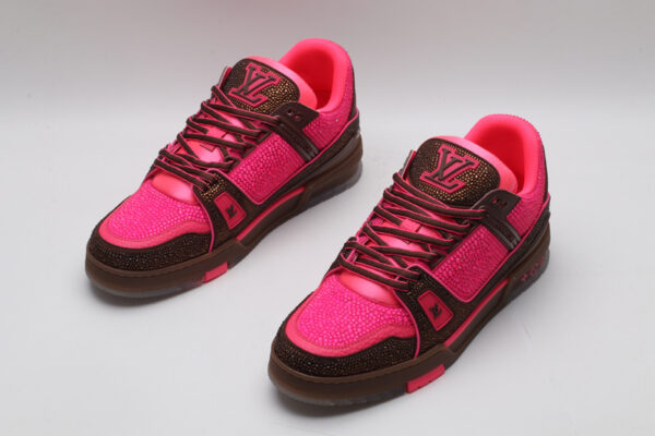 Louis Vuitton LV Trainer Crystal Embellished Sneakers - Pink and Brown - Image 4
