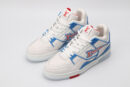 A white low-top sneaker with vibrant blue accents along the side and heel, dynamic red stripes highlighting the side logo, and white laces, set against a clean white background.