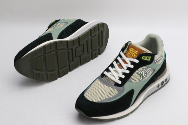 A pair of athletic sneakers in shades of forest green, earthy brown, black, and light olive mesh, featuring white laces, prominent "LOUIS VUITTON PARIS" branding on the tongue, and a layered sole, displayed from a top-down angle against a plain white background.