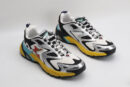 A pair of Louis Vuitton LV Runner Tatic Sneakers, showcasing white mesh, black and silver overlays, a vibrant yellow sole, and blue accents, viewed from a slightly elevated angle.