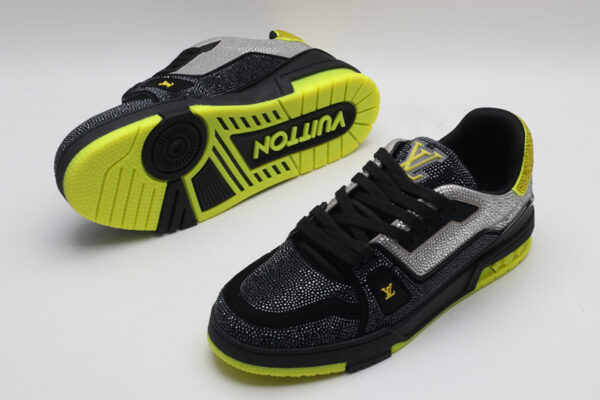 Louis Vuitton LV Trainer Crystal Embellished Sneakers - Black and Neon Yellow - Image 5