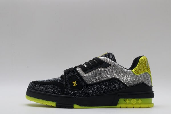 Louis Vuitton LV Trainer Crystal Embellished Sneakers - Black and Neon Yellow - Image 3