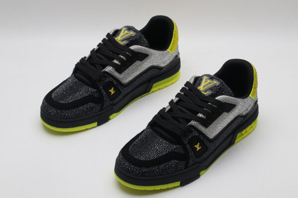 Louis Vuitton LV Trainer Crystal Embellished Sneakers - Black and Neon Yellow - Image 4