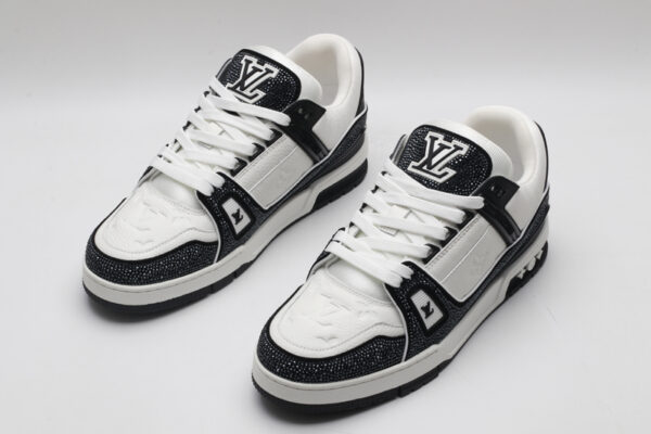 Louis Vuitton LV Trainer Crystal Embellished Sneakers - Black and White - Image 3