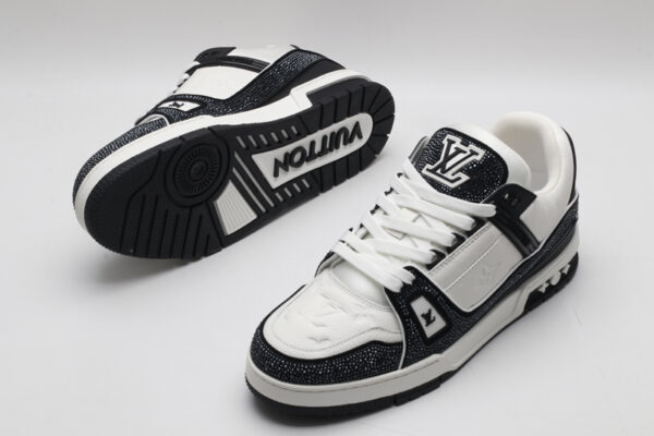 Louis Vuitton LV Trainer Crystal Embellished Sneakers - Black and White - Image 4