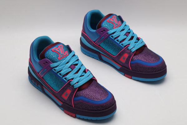 Louis Vuitton LV Trainer Crystal Embellished Sneakers - Purple and Blue - Image 3