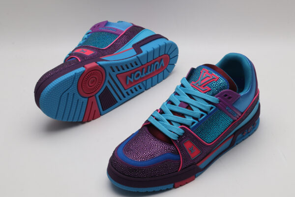 Louis Vuitton LV Trainer Crystal Embellished Sneakers - Purple and Blue - Image 5