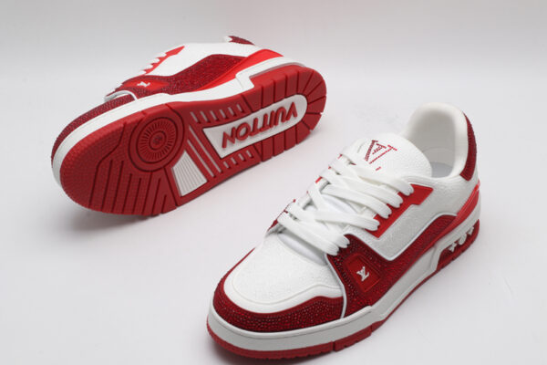 Louis Vuitton LV Trainer Crystal Embellished Sneakers - Red and White - Image 4