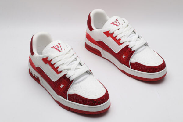 Louis Vuitton LV Trainer Crystal Embellished Sneakers - Red and White - Image 2