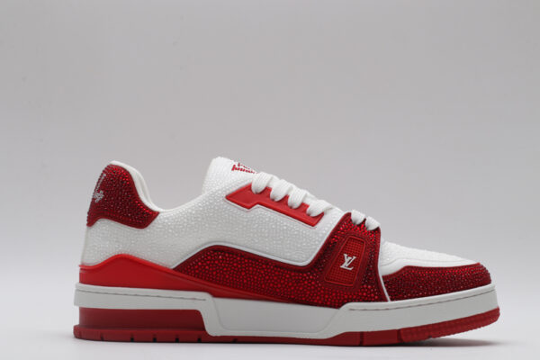 Louis Vuitton LV Trainer Crystal Embellished Sneakers - Red and White - Image 5