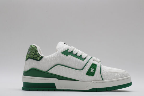 Louis Vuitton LV Trainer Crystal Embellished Sneakers - White and Green - Image 5