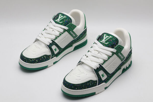 Louis Vuitton LV Trainer Crystal Embellished Sneakers - White and Green - Image 3