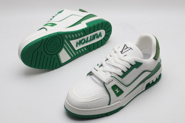 Louis Vuitton LV Trainer Crystal Embellished Sneakers - White and Green - Image 3