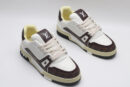 A pair of white and brown Louis Vuitton LV Trainer Low-Top Sneakers, featuring brown Louis Vuitton Monogram canvas and white leather.