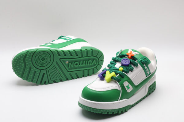 Louis Vuitton LV Trainer Low-Top Sneakers - White and Green with Orange/Purple Accents - Image 4