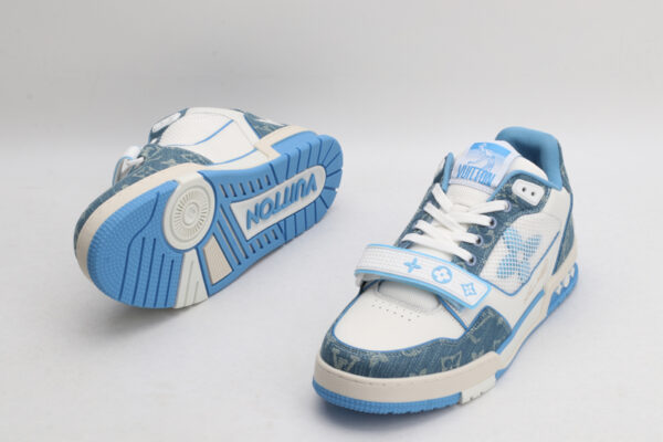 Louis Vuitton LV Trainer Mid-Top Sneakers - White and Blue Denim - Image 5