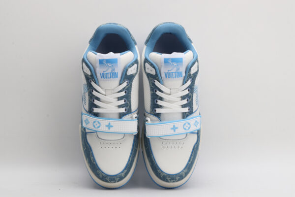 Louis Vuitton LV Trainer Mid-Top Sneakers - White and Blue Denim - Image 4