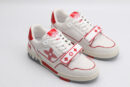 A pair of CrimsonFlash White and Red Sneakers, viewed at an angle, showcasing their low-top design, white laces, crisp white leather upper, vibrant red accents on the heel, outsole, and strap, and breathable white mesh side panels."